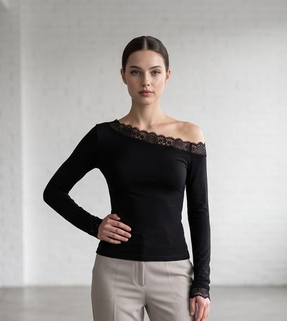 Blouse "Flow" black - full front view with off-shoulder asymmetric neckline
