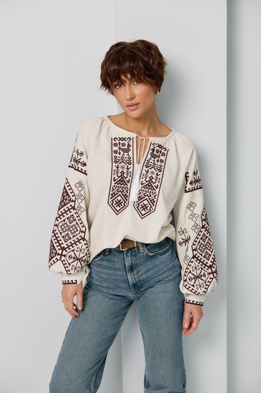 Beige embroidered vyshyvanka blouse with traditional Ukrainian ornament, women's long sleeve