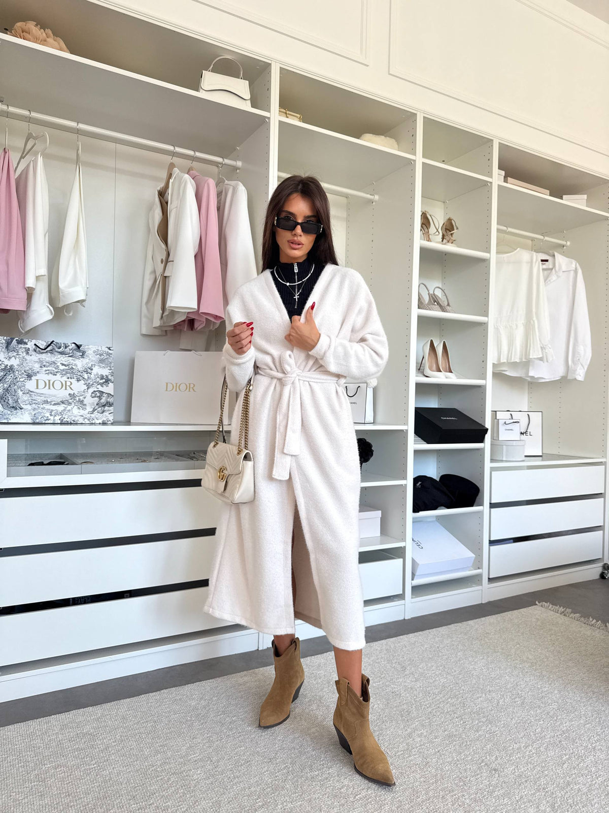 Milk white ribbed knit long cardigan, back view showing the flowing ankle-length silhouette