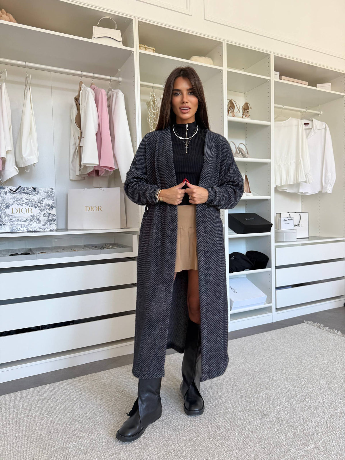 Charcoal gray ribbed knit long cardigan with oversized dolman sleeves, front view