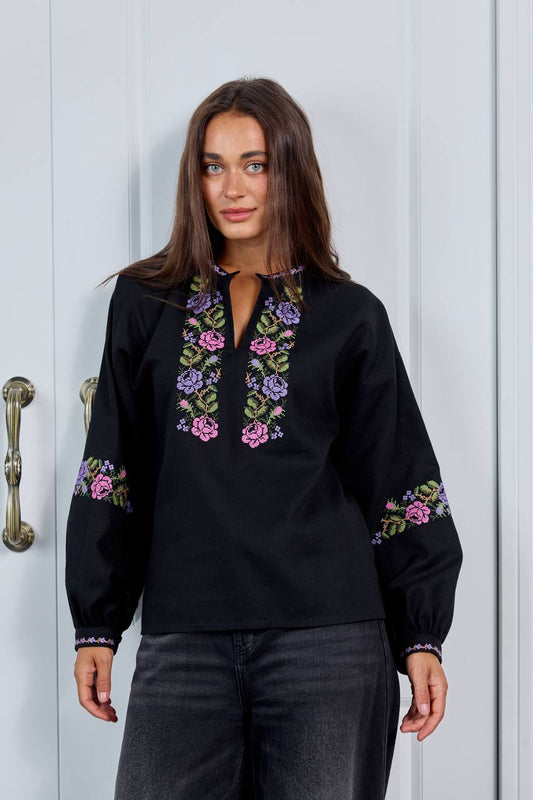 Vyshyvanka "Dana" black embroidered blouse - front view