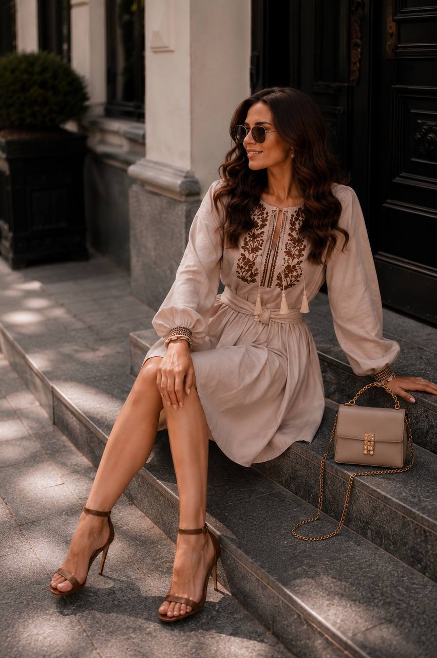 Beige embroidered linen vyshyvanka dress with traditional Ukrainian ornament, women's long sleeve, photo 4