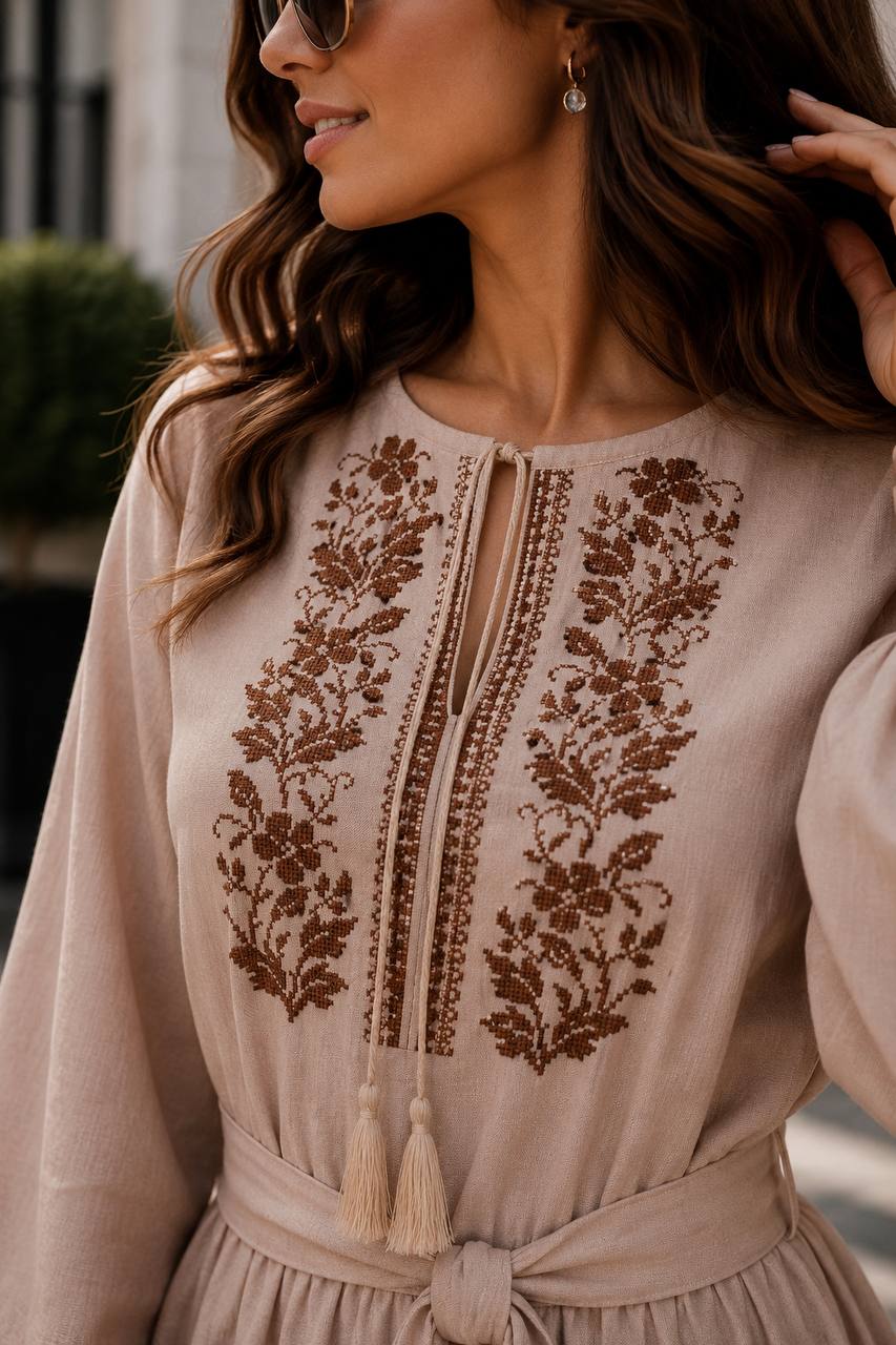 Beige embroidered linen vyshyvanka dress with traditional Ukrainian ornament, women's long sleeve, photo 3