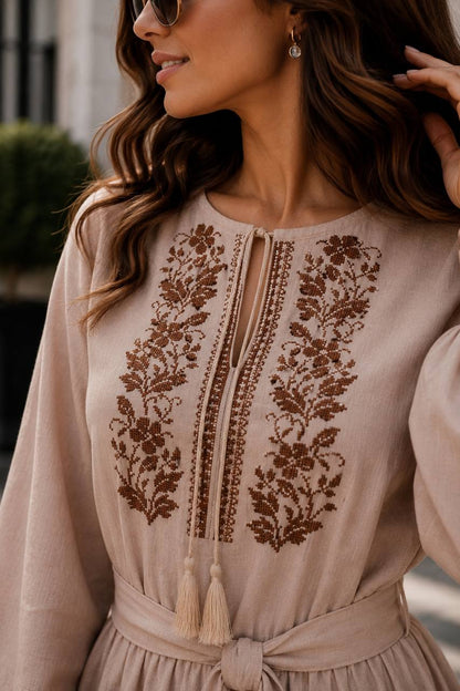 Beige embroidered linen vyshyvanka dress with traditional Ukrainian ornament, women's long sleeve, photo 3
