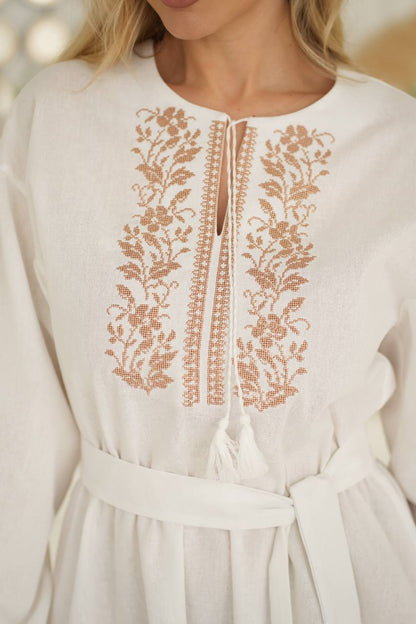 White embroidered vyshyvanka dress with traditional Ukrainian ornament, women's long sleeve, photo 2
