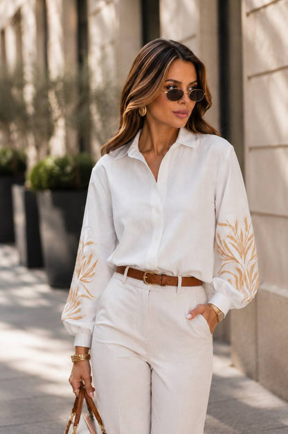 White linen vyshyvanka blouse with beige wheat ear Ukrainian embroidery, photo 6