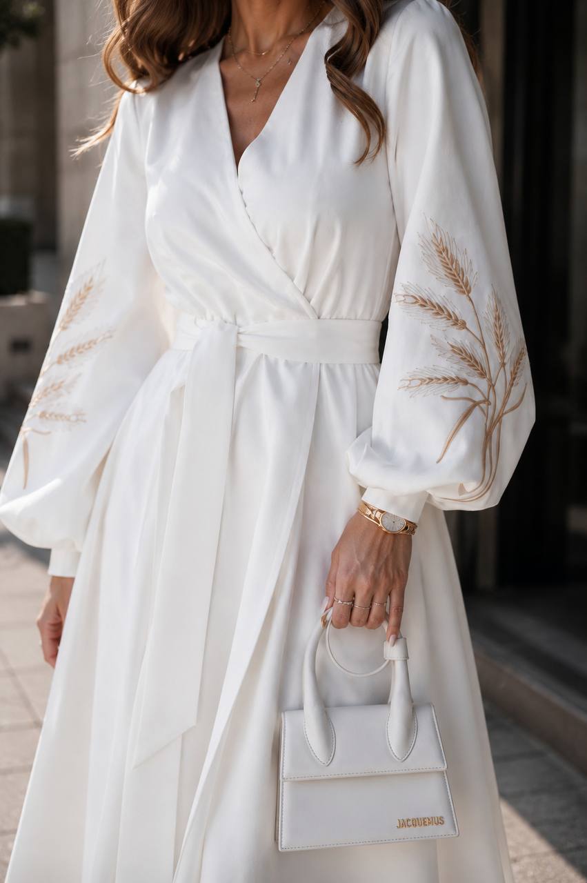 White embroidered vyshyvanka dress with wheat motif Ukrainian ornament, women's long sleeve, photo 3