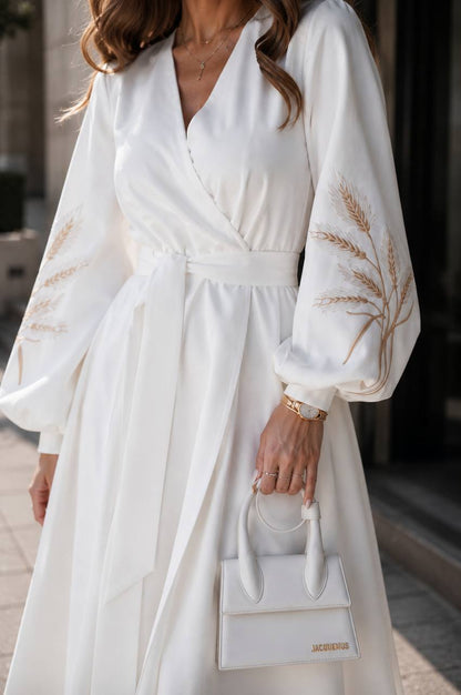 White embroidered vyshyvanka dress with wheat motif Ukrainian ornament, women's long sleeve, photo 3