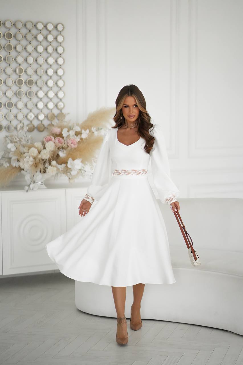 White embroidered vyshyvanka dress with geometric Ukrainian ornament, women's long sleeve