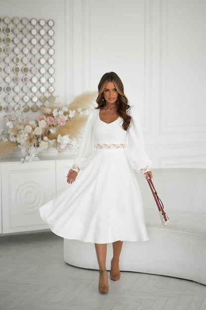 White embroidered vyshyvanka dress with geometric Ukrainian ornament, women's long sleeve