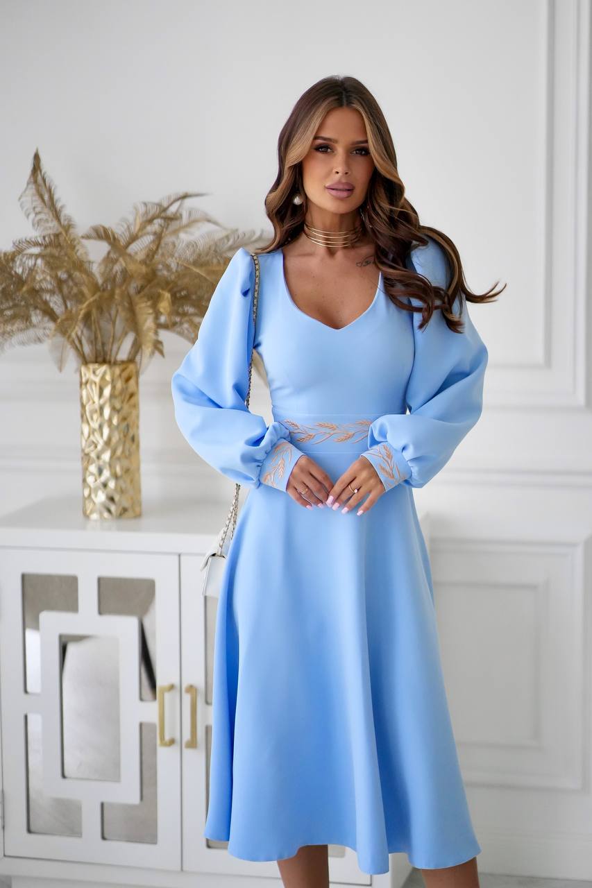 Blue embroidered vyshyvanka dress with leaf motif Ukrainian ornament, women's long sleeve, photo 3
