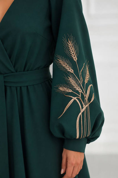 Green embroidered vyshyvanka dress with wheat motif Ukrainian ornament, women's long sleeve, photo 4