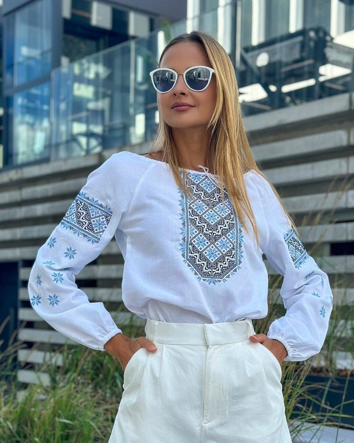 Embroidered vyshyvanka blouse with traditional Ukrainian ornament, women's long sleeve
