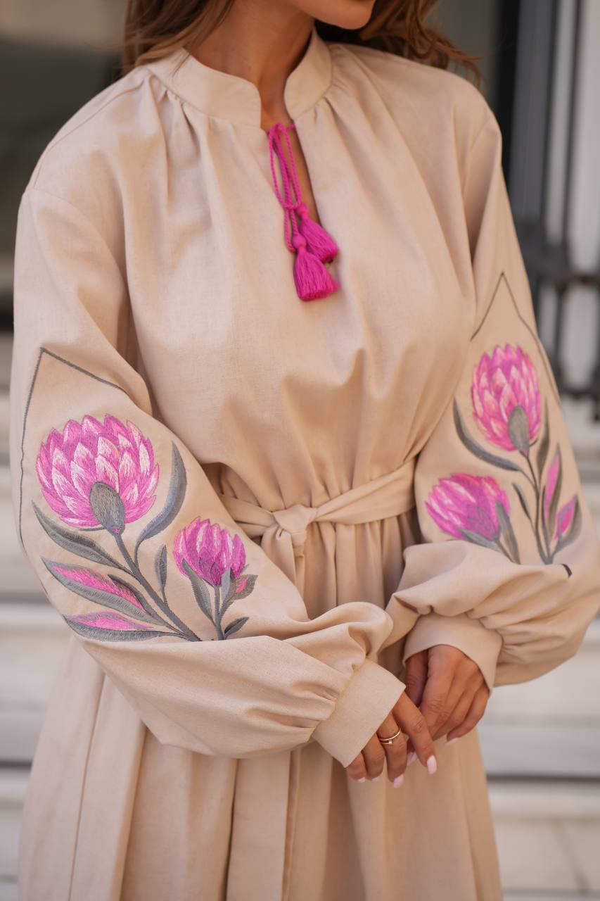 Beige embroidered linen vyshyvanka dress with floral Ukrainian ornament, women's long sleeve, photo 5