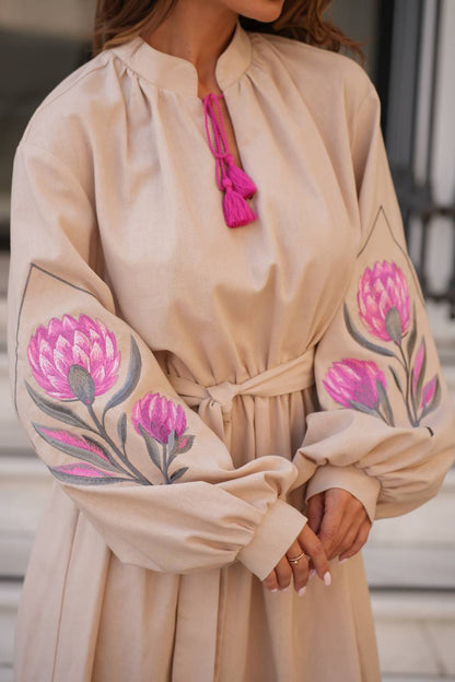 Beige embroidered linen vyshyvanka dress with floral Ukrainian ornament, women's long sleeve, photo 5