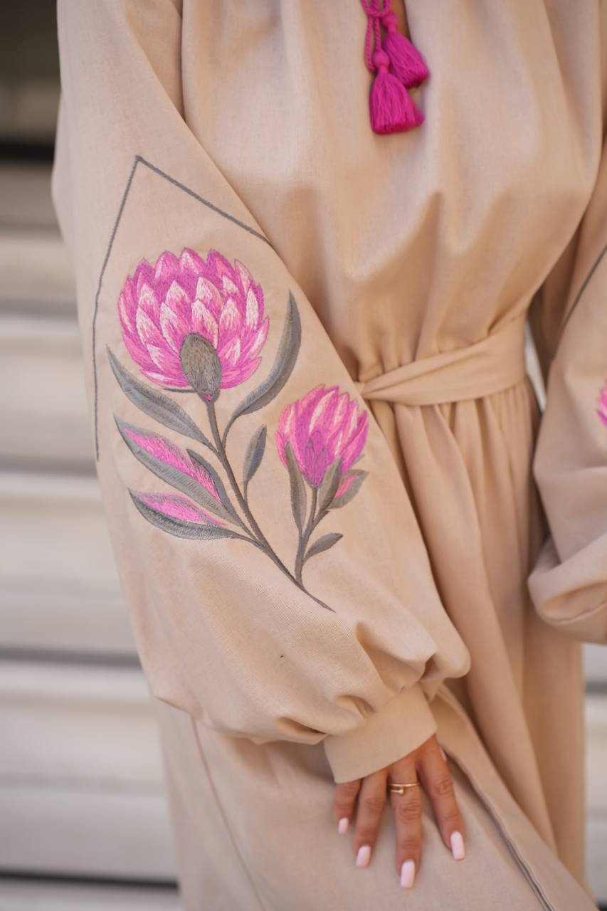 Beige embroidered linen vyshyvanka dress with floral Ukrainian ornament, women's long sleeve, photo 6