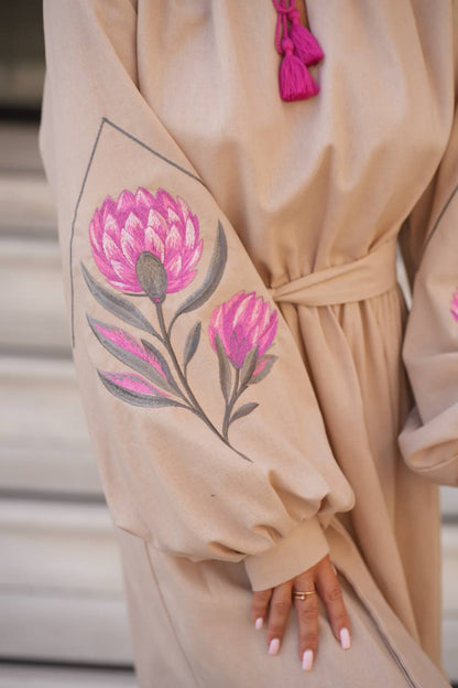 Beige embroidered linen vyshyvanka dress with floral Ukrainian ornament, women's long sleeve, photo 6
