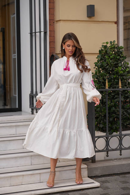 White embroidered linen vyshyvanka dress with floral Ukrainian ornament, women's long sleeve, photo 2