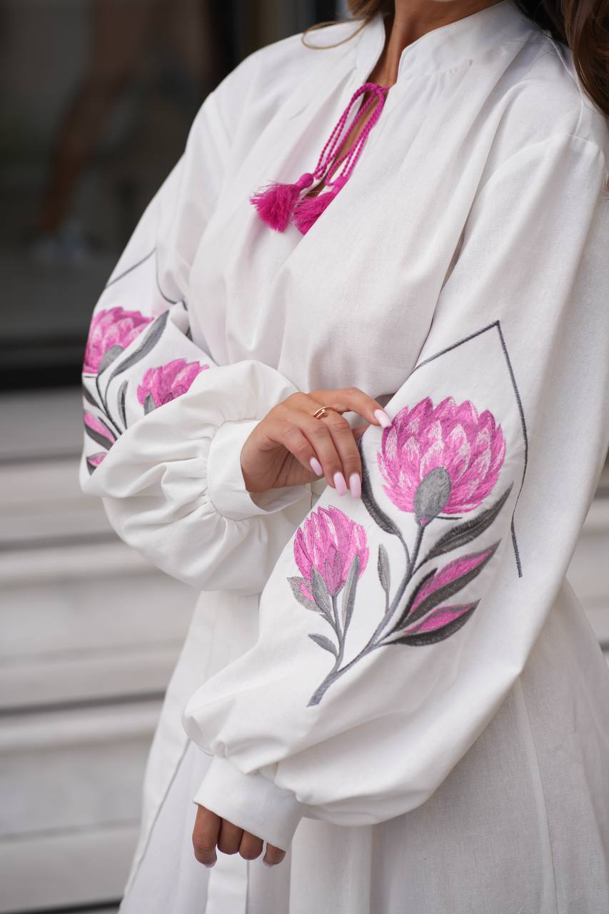 White embroidered linen vyshyvanka dress with floral Ukrainian ornament, women's long sleeve, photo 4