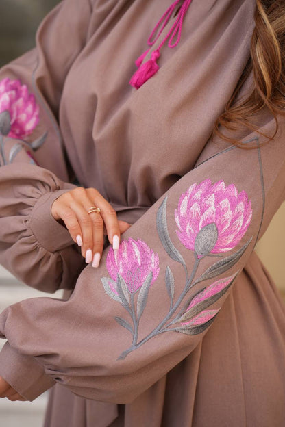 Taupe embroidered linen vyshyvanka dress with floral Ukrainian ornament, women's long sleeve, photo 8