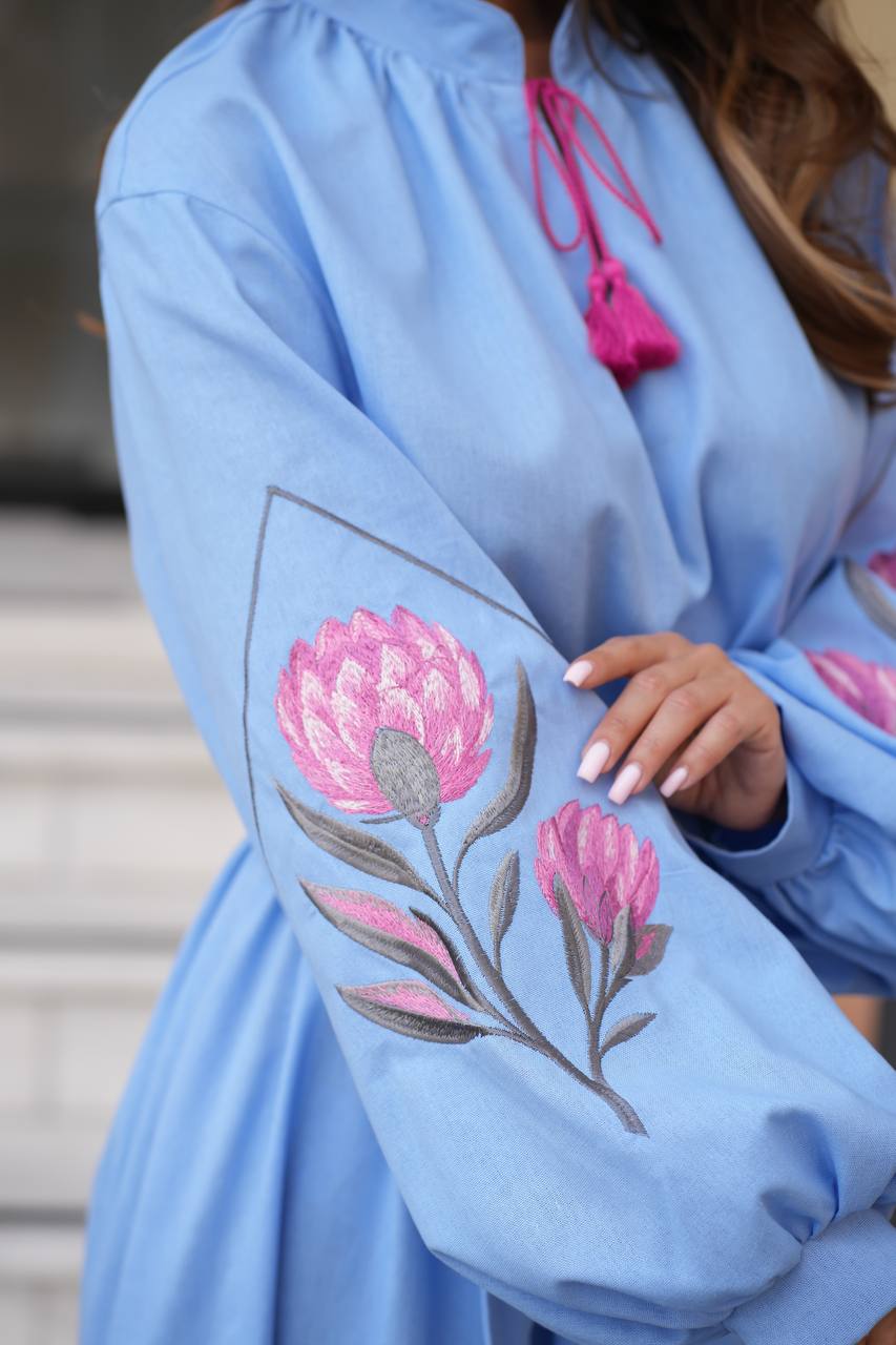 Blue embroidered vyshyvanka dress with floral Ukrainian ornament, women's long sleeve, photo 3