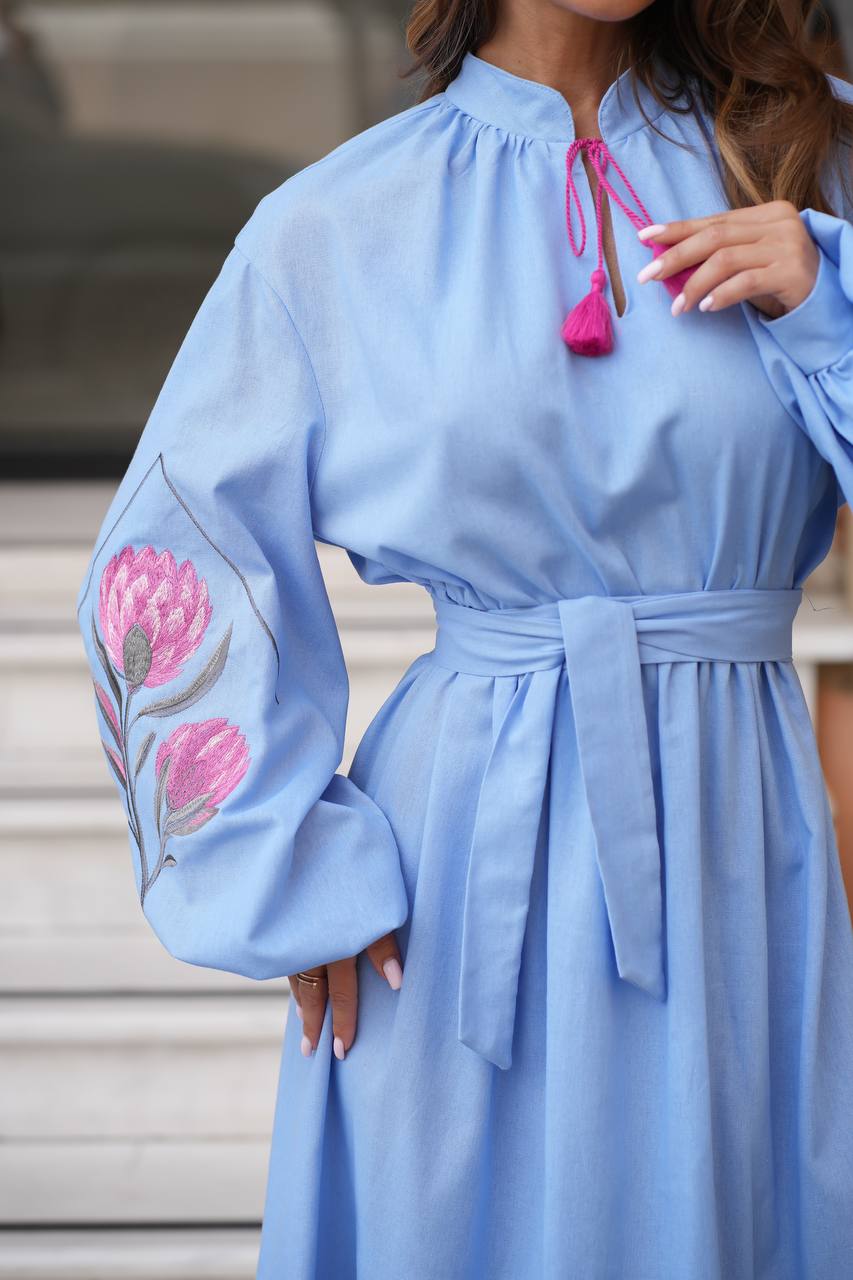 Blue embroidered vyshyvanka dress with floral Ukrainian ornament, women's long sleeve, photo 7