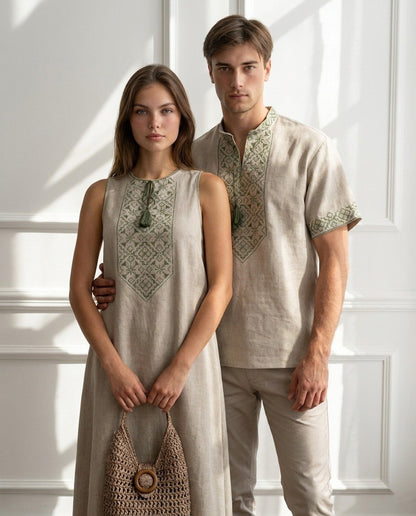 Family set Linen " Niznist" – with geometric embroidery (linen)