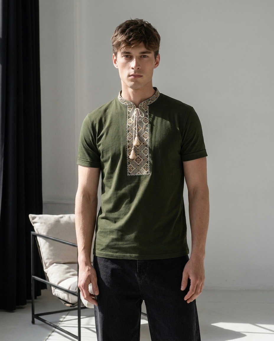 Beige and green embroidered cotton t-shirt with Cossack-style geometric and ornamental embroidery