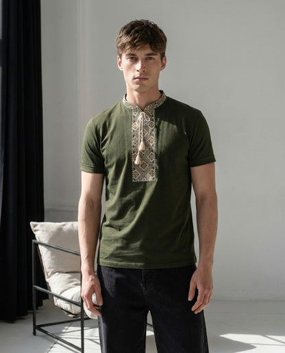 Beige and green embroidered cotton t-shirt with Cossack-style geometric and ornamental embroidery