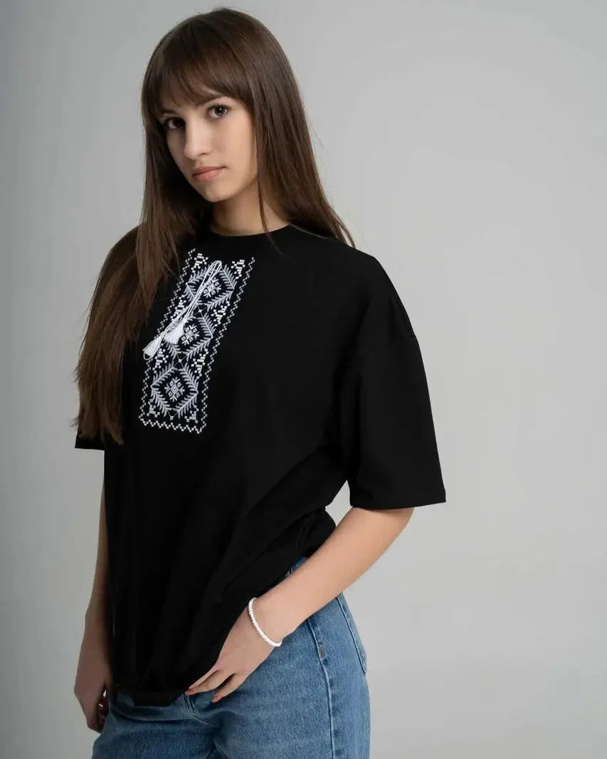 White cotton t-shirt with traditional Ukrainian openwork embroidery