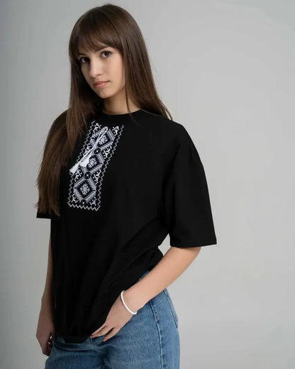 White cotton t-shirt with traditional Ukrainian openwork embroidery