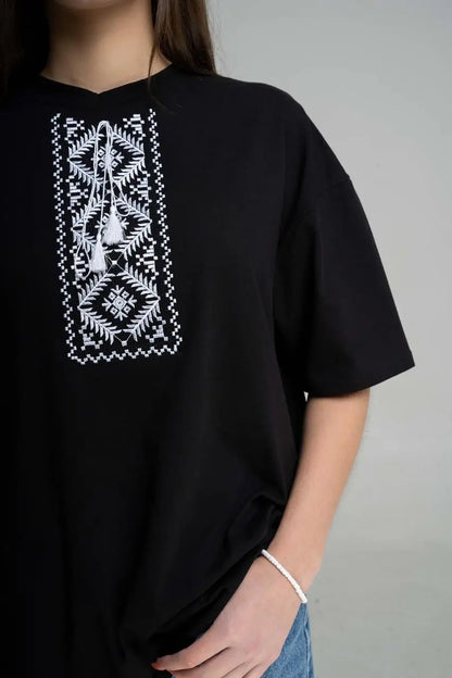 White cotton t-shirt with traditional Ukrainian openwork embroidery, photo 6