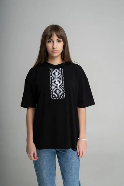 White cotton t-shirt with traditional Ukrainian openwork embroidery, photo 7