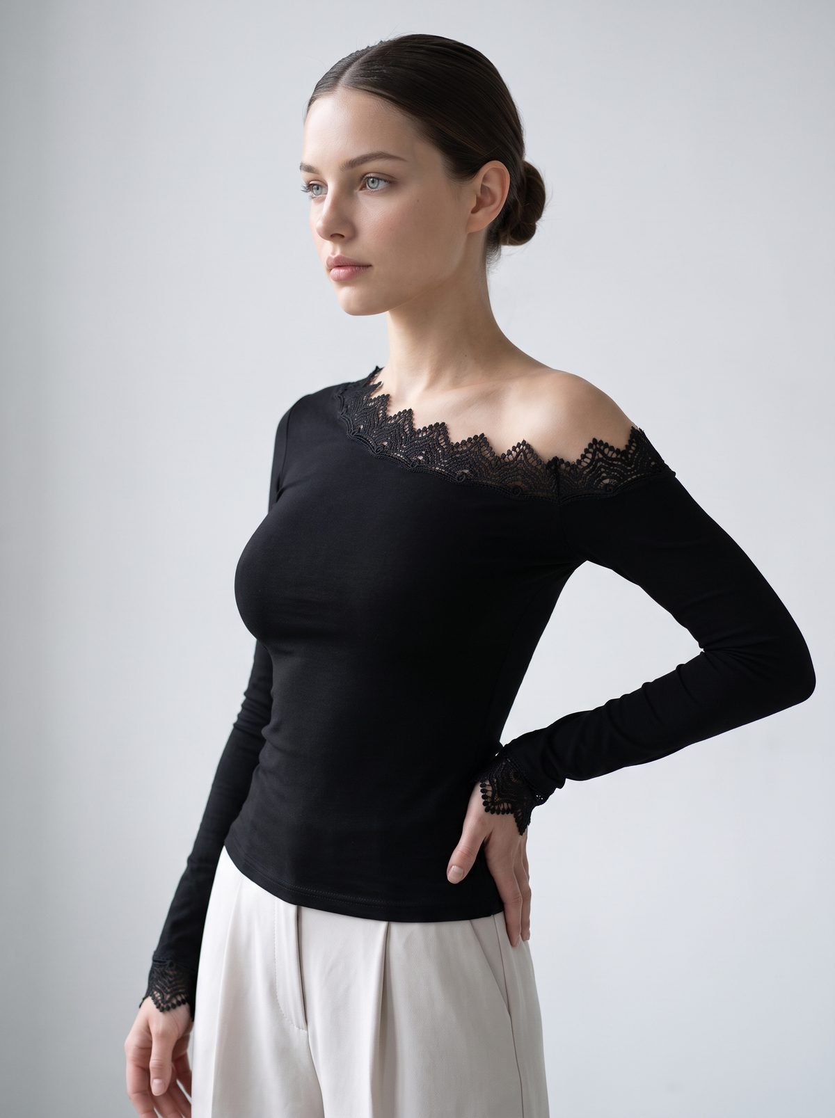 Blouse "Flow" black - front view on model