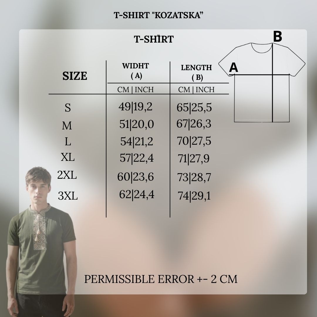 Beige and green embroidered cotton t-shirt with Cossack-style geometric and ornamental embroidery, photo 5
