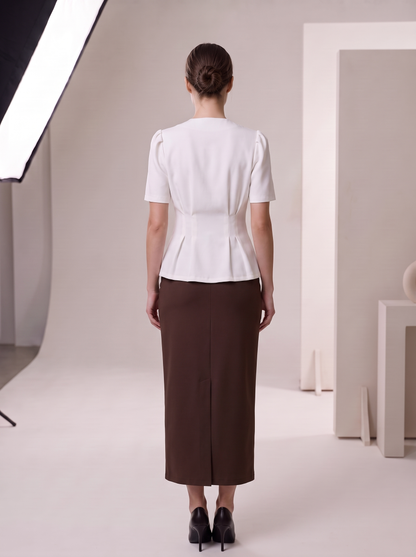 Suit "Jacklin" chocolate - back view, peplum pleats