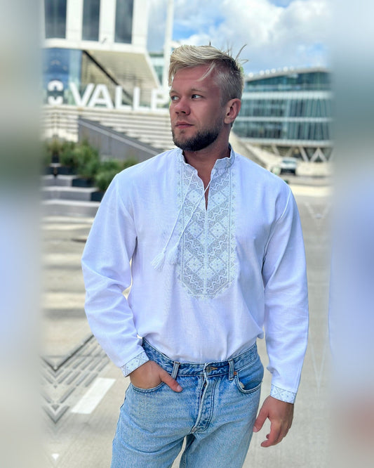 Vyshyvanka "NAZAR" gray – shirt white, gray with ornament embroidery (cotton), photo 3