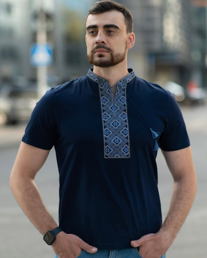 Purple and gray embroidered cotton t-shirt with Cossack-style geometric ornament