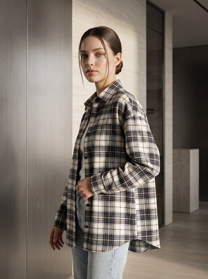 Beige plaid flannel overshirt, oversized relaxed fit for casual everyday wear, side view
