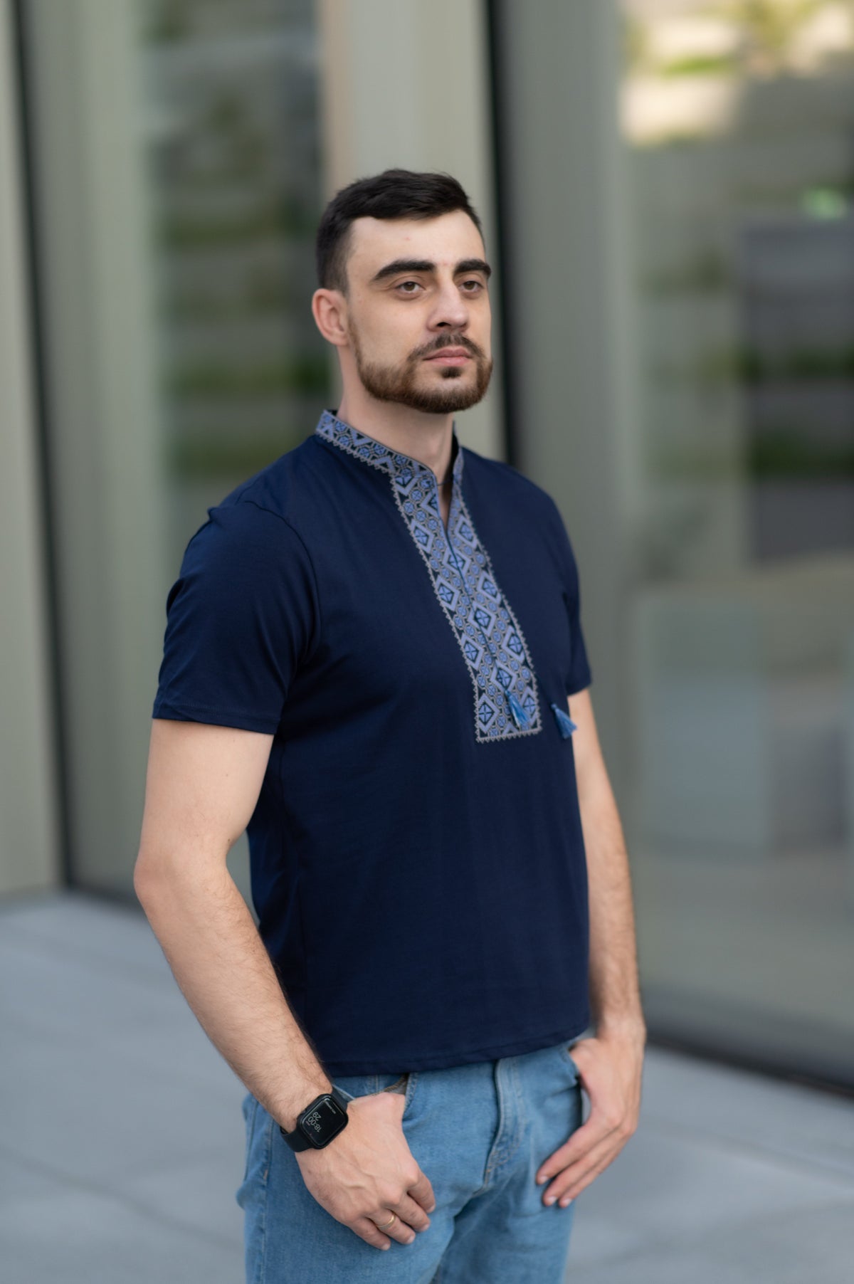 Purple and gray embroidered cotton t-shirt with Cossack-style geometric ornament, photo 2