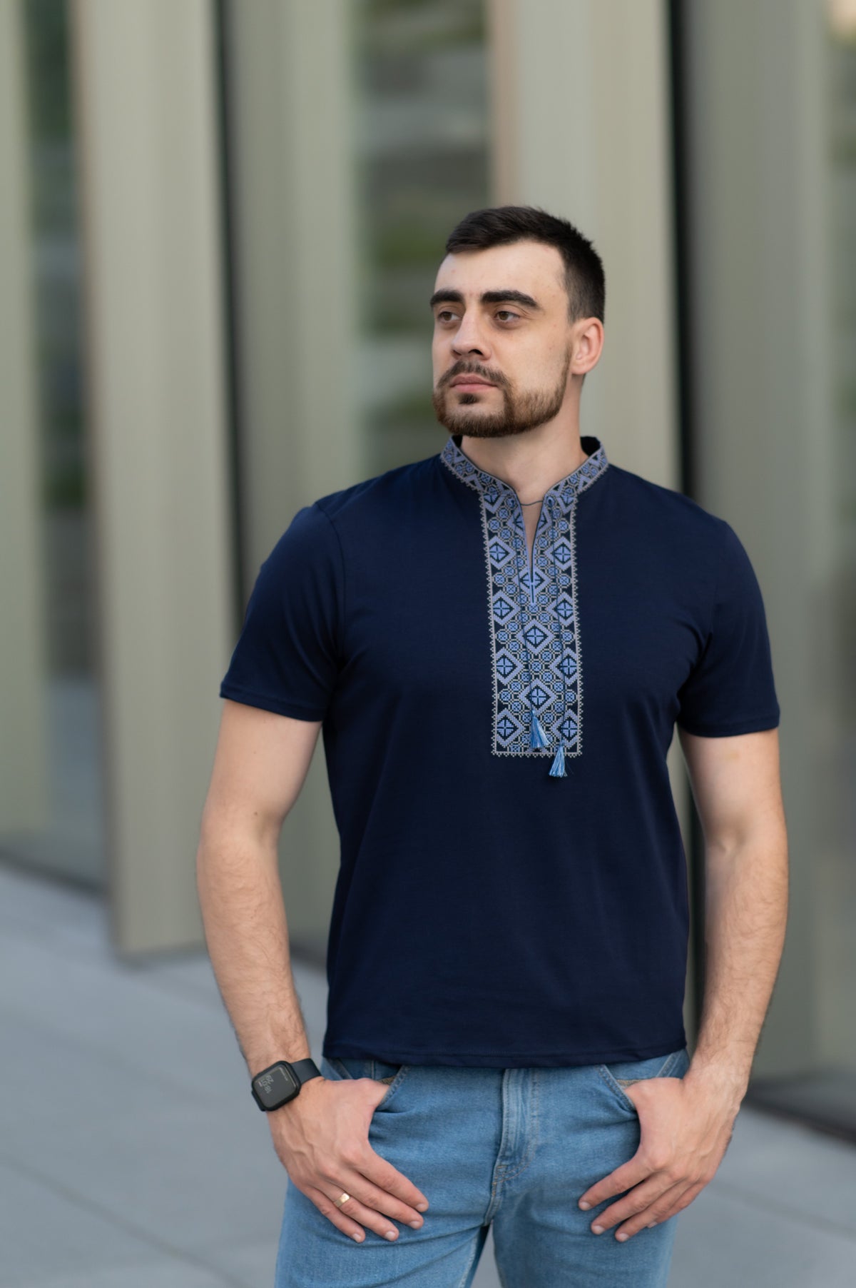 Purple and gray embroidered cotton t-shirt with Cossack-style geometric ornament, photo 5