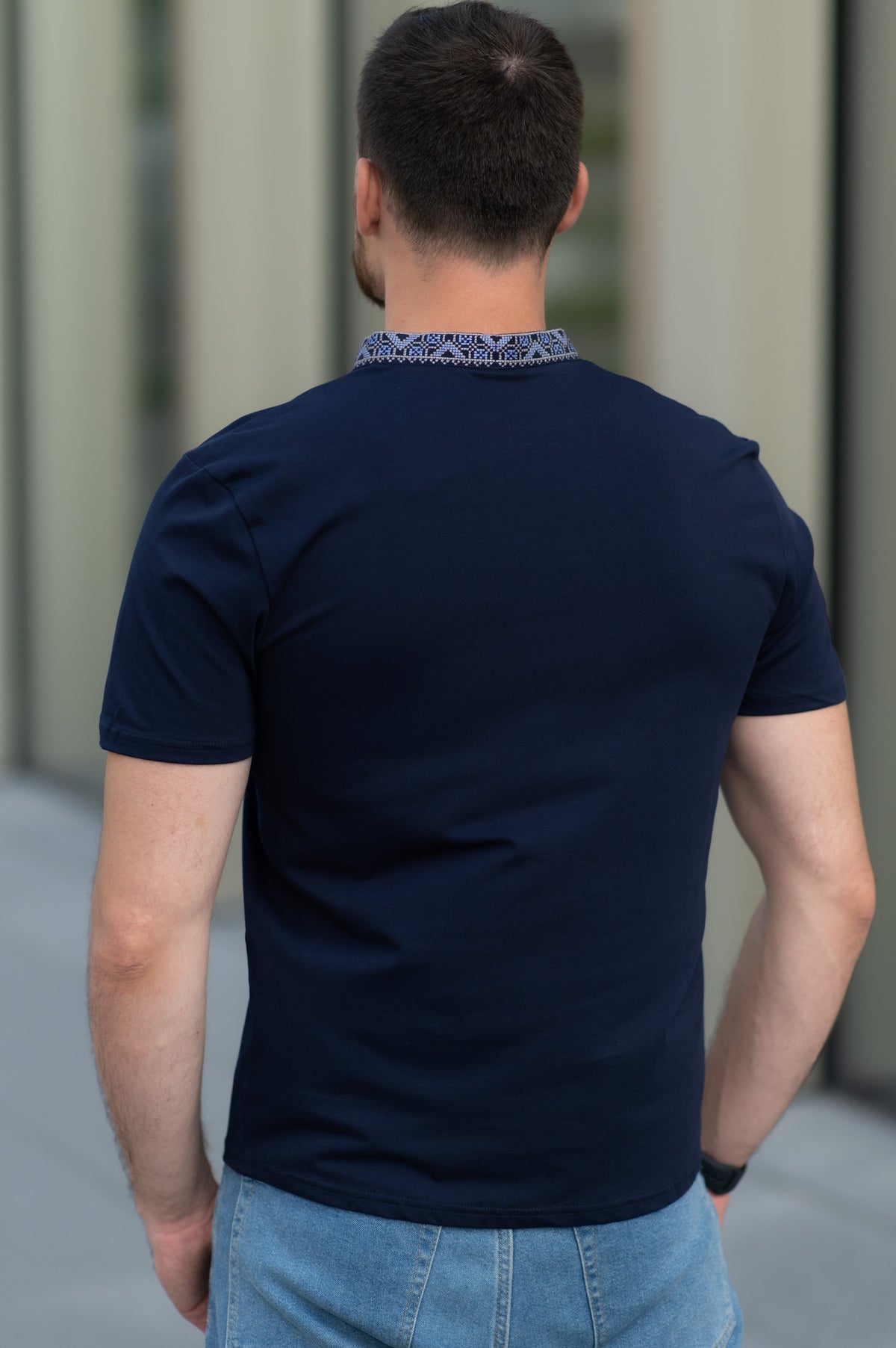 Purple and gray embroidered cotton t-shirt with Cossack-style geometric ornament, photo 4