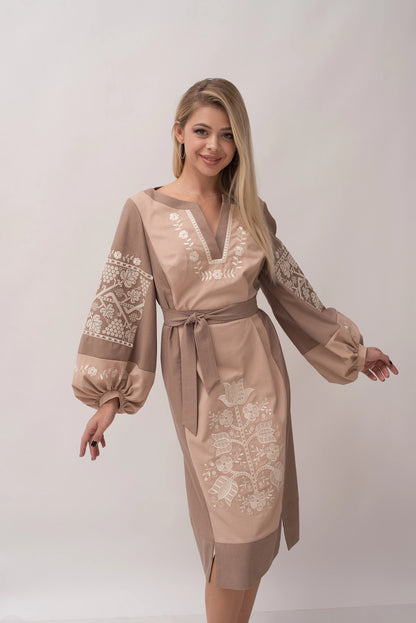 Beige embroidered linen dress with cream floral embroidery, women's puffed long sleeve, photo 3