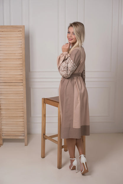 Beige embroidered linen dress with cream floral embroidery, women's puffed long sleeve, photo 2