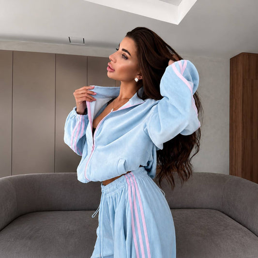 Light blue velour tracksuit with embroidered trident and wheat wreath, oversized loungewear set, front view