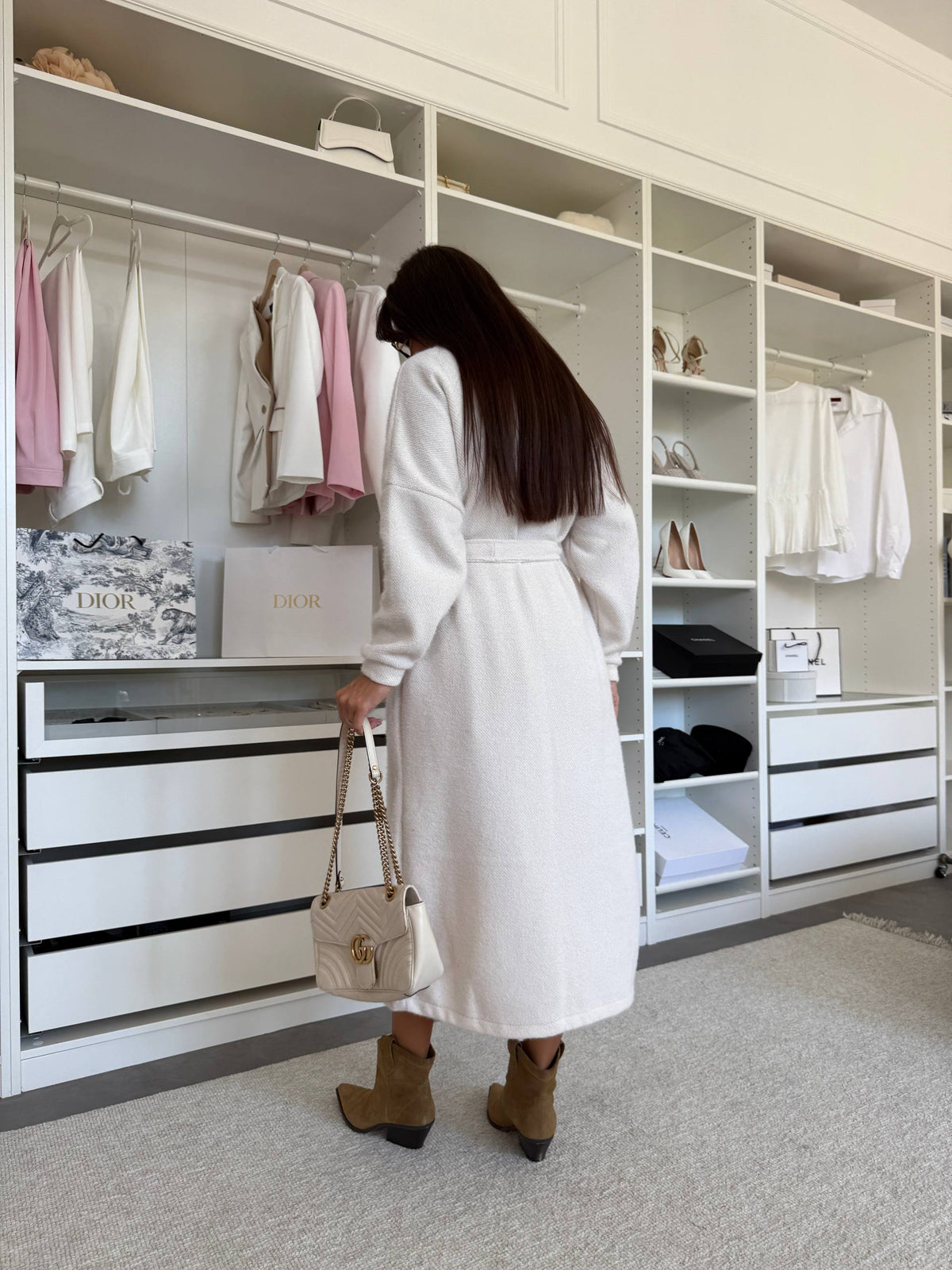Milk white ribbed knit long cardigan with dropped dolman shoulders, front view