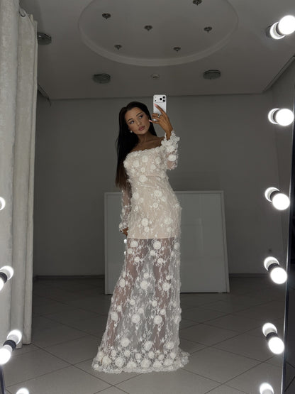 Milky Chantilly lace maxi dress Agata with bare shoulders and 3D embroidery - full-length front view