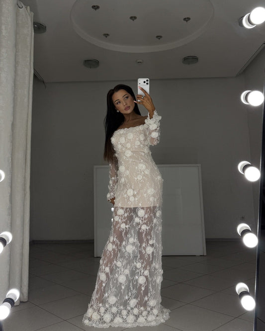 Milky Chantilly lace maxi dress Agata with bare shoulders and 3D embroidery - full-length front view
