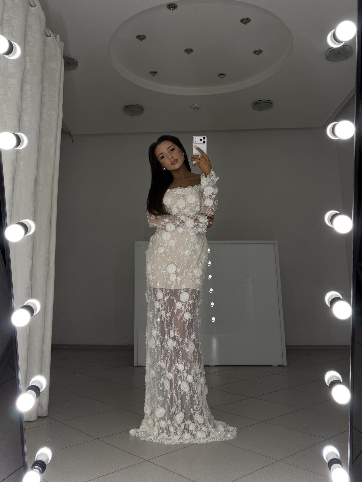 Agata off-shoulder maxi dress with long lace sleeves and nude lining - front view