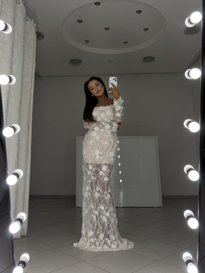 Agata off-shoulder maxi dress with long lace sleeves and nude lining - front view